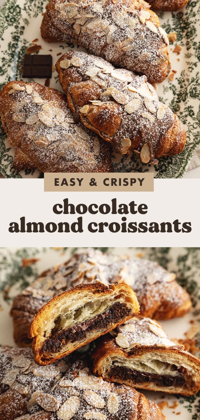 Two images of chocolate almond croissants with a text overlay that says "easy and crispy chocolate almond croissants".