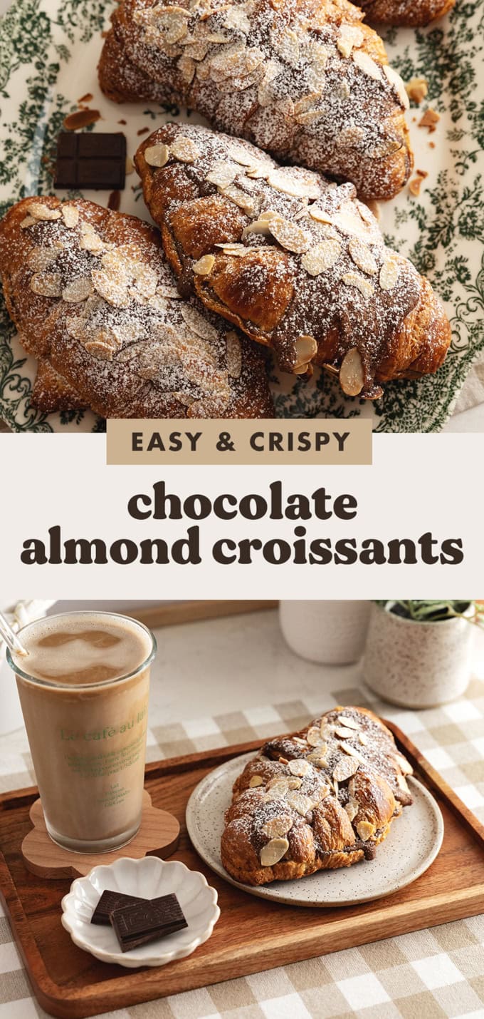 Two images of chocolate almond croissants with a text overlay that says "easy and crispy chocolate almond croissants".