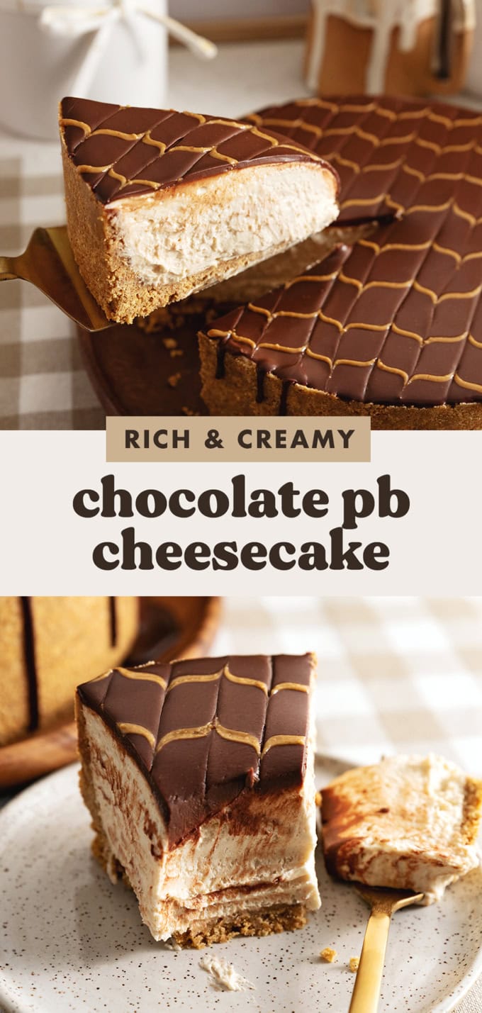 Two images of a chocolate peanut butter cheesecake with a text overlay that says "rich and creamy chocolate pb cheesecake".
