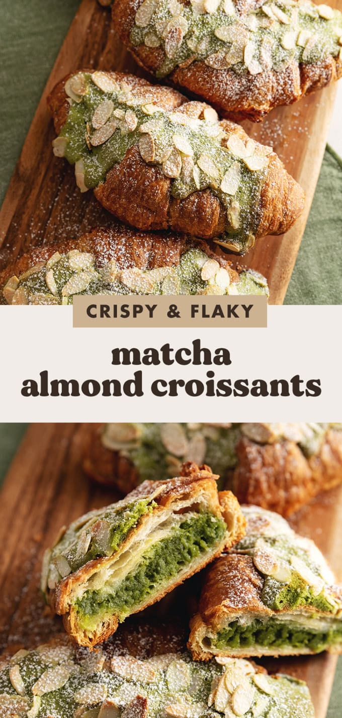 Two images of matcha almond croissants with a text overlay that says "crispy and flaky matcha almond croissants".