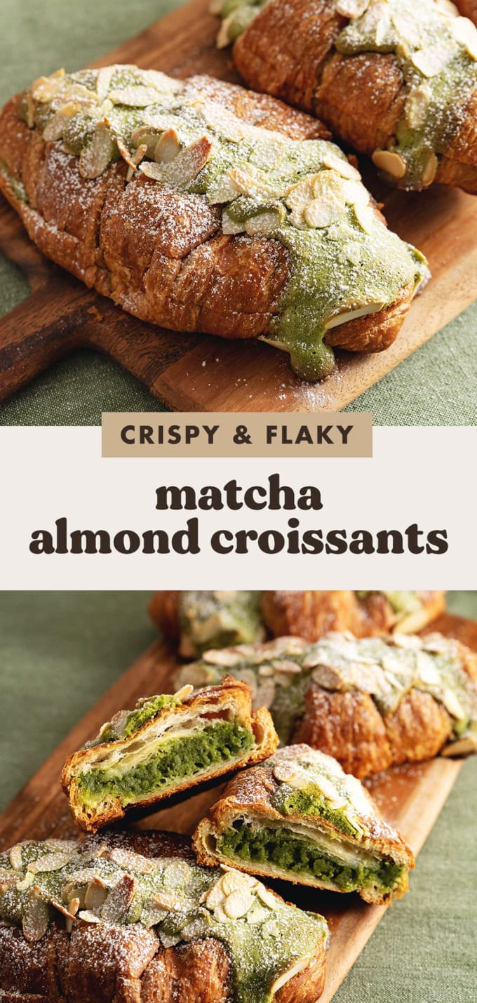 Two images of matcha almond croissants with a text overlay that says "crispy and flaky matcha almond croissants".