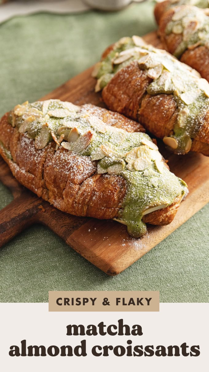 Close-up of a matcha almond croissants with matcha frangipane dripping down the side.