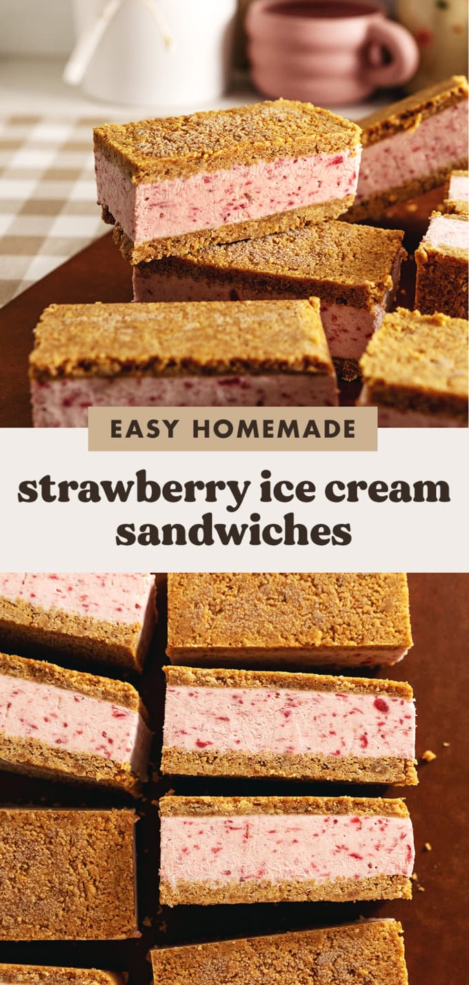 Two images of strawberry ice cream sandwiches with a text overlay that says "easy homemade strawberry ice cream sandwiches".