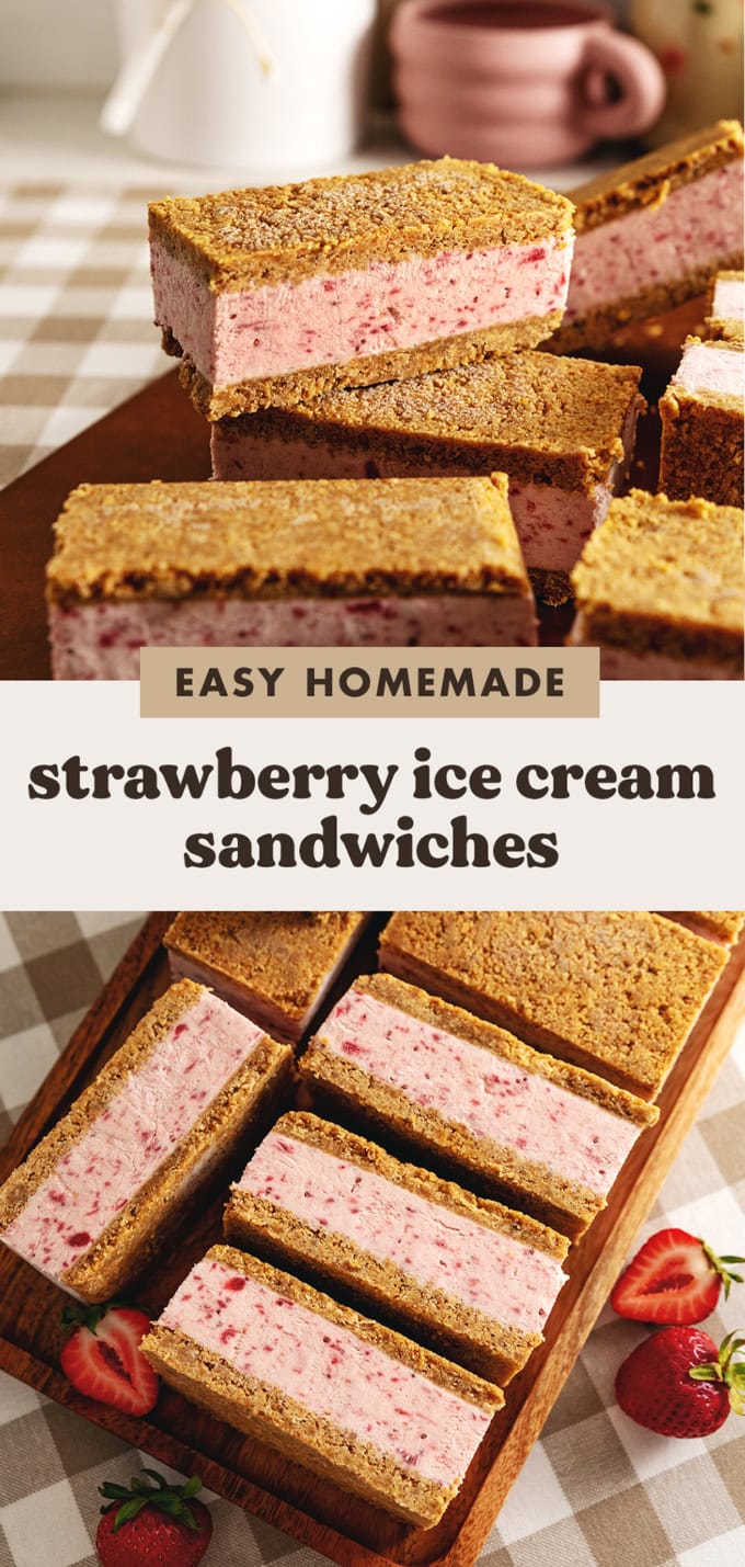 Two images of strawberry ice cream sandwiches with a text overlay that says "easy homemade strawberry ice cream sandwiches".