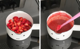 Left: diced strawberries in a saucepan. Right: cooked strawberry compote in a saucepan with a spatula.
