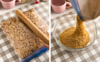 Left: hitting a ziploc bag full of graham crackers with a rolling pin. Right: pouring crushed graham crackers into a bowl.