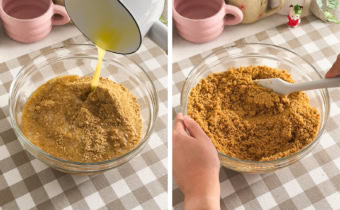 Left: pouring melted butter into a bowl of graham cracker crumbs. Right: mixing graham cracker crust mixture with a spatula.