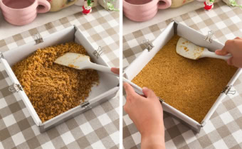 Left: spreading graham cracker crust mixture in a square pan with a spatula. Right: pressing crust into the bottom of a pan with a spatula.