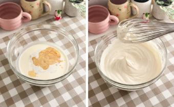 Left: whipping cream and vanilla extract in a mixing bowl. Right: whipped cream whipped to firm peaks with a whisk above the bowl.