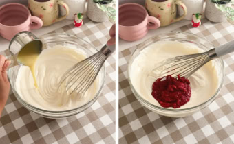 Left: one hand pouring condensed milk into a bowl of whipped cream while the other hand whisks the mixture together. Right: strawberry compote added to a bowl of whipped cream.