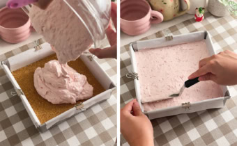 Left: pouring strawberry ice cream mixture into a pan on top of the crust layer. Right: smoothing strawberry ice cream mixture with an offset spatula.