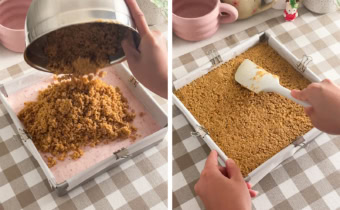 Left: pouring graham cracker crust mixture on top of frozen ice cream layer. Right: pressing crust mixture into a flat layer with a spatula.