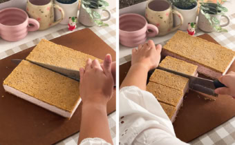 Left: cutting a whole ice cream sandwich block in half with a knife. Right: cutting ice cream sandwiches into bars with a knife.