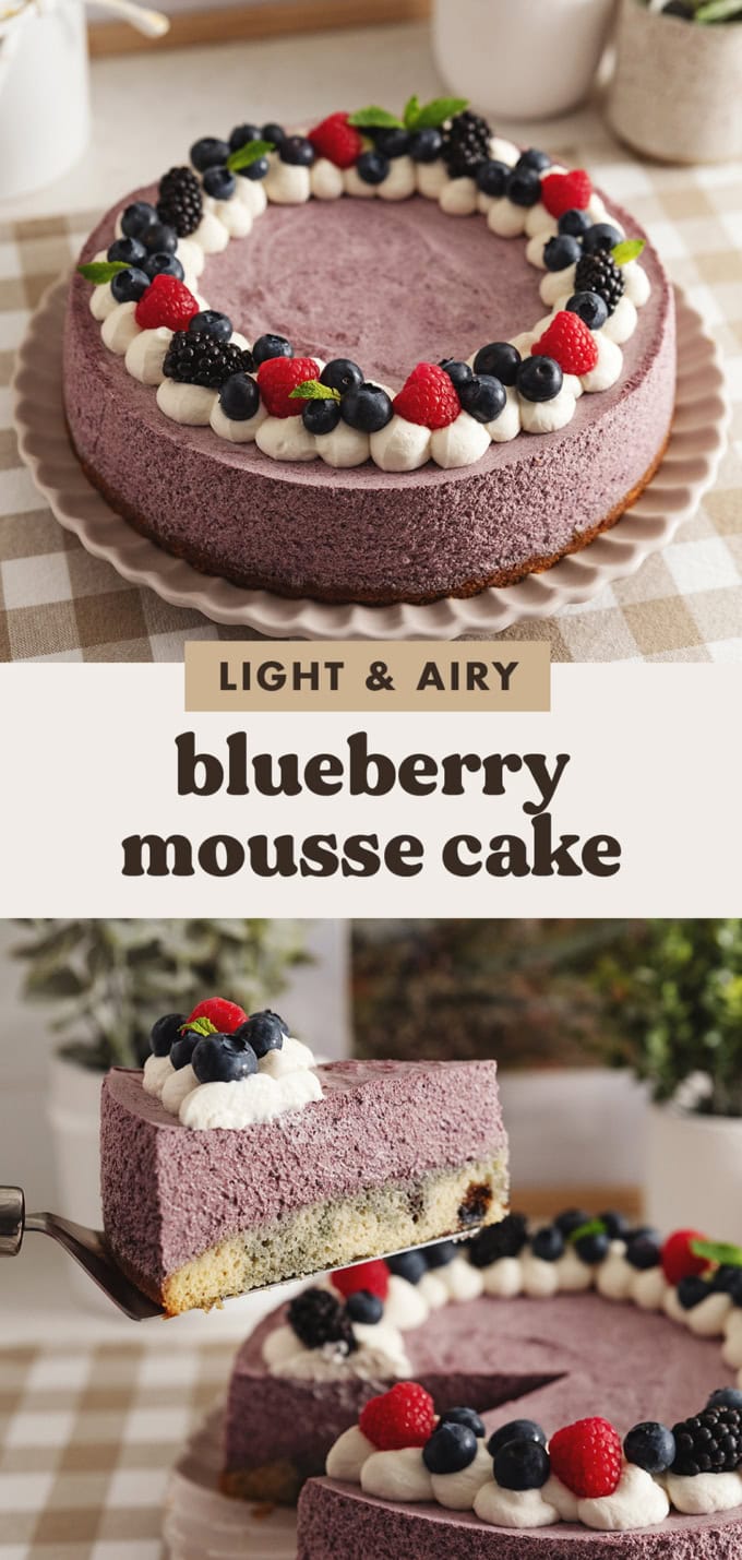 Two images of a blueberry mousse cake with a text overlay that says "light and airy blueberry mousse cake".