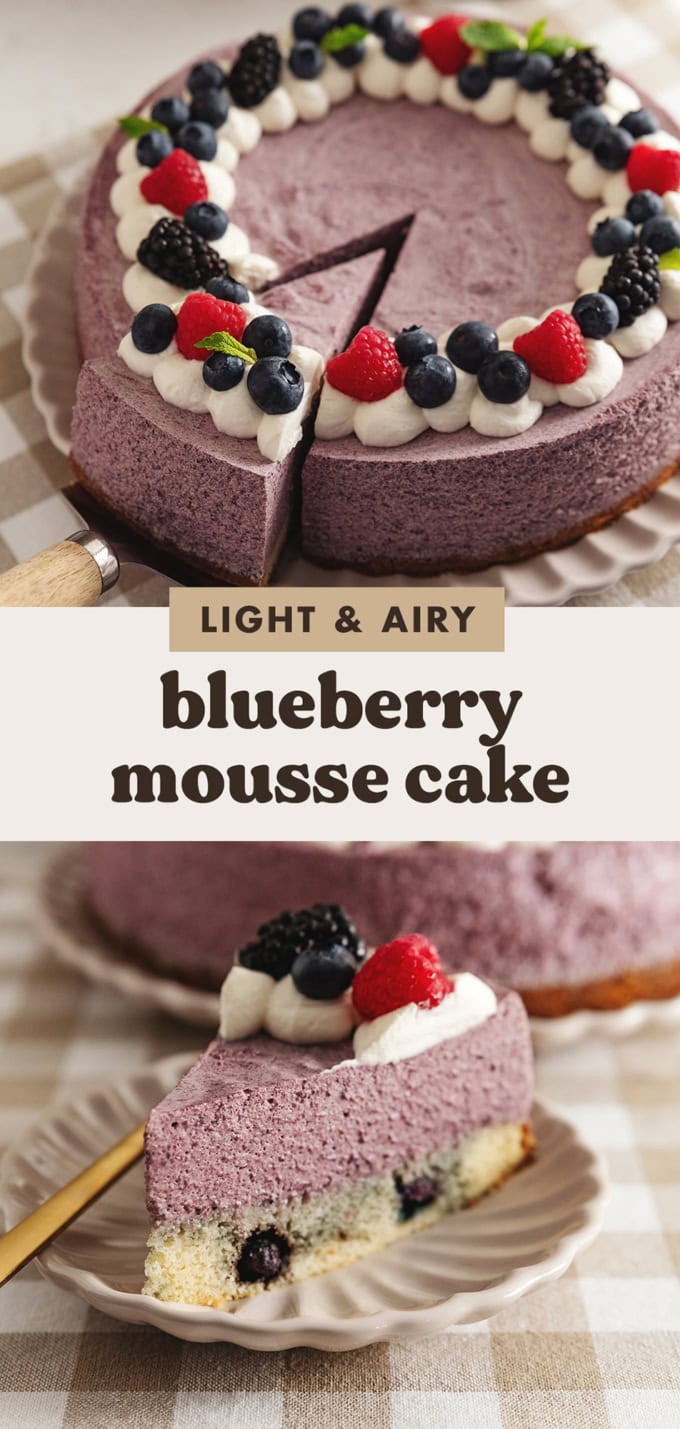 Two images of a blueberry mousse cake with a text overlay that says "light and airy blueberry mousse cake".