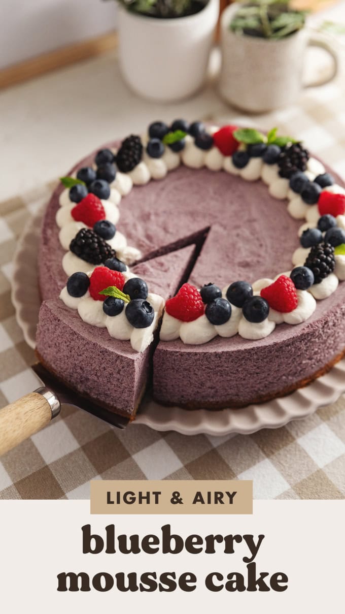 A blueberry mousse cake with a slice cut out of it and pulled slightly out from the rest of the cake.