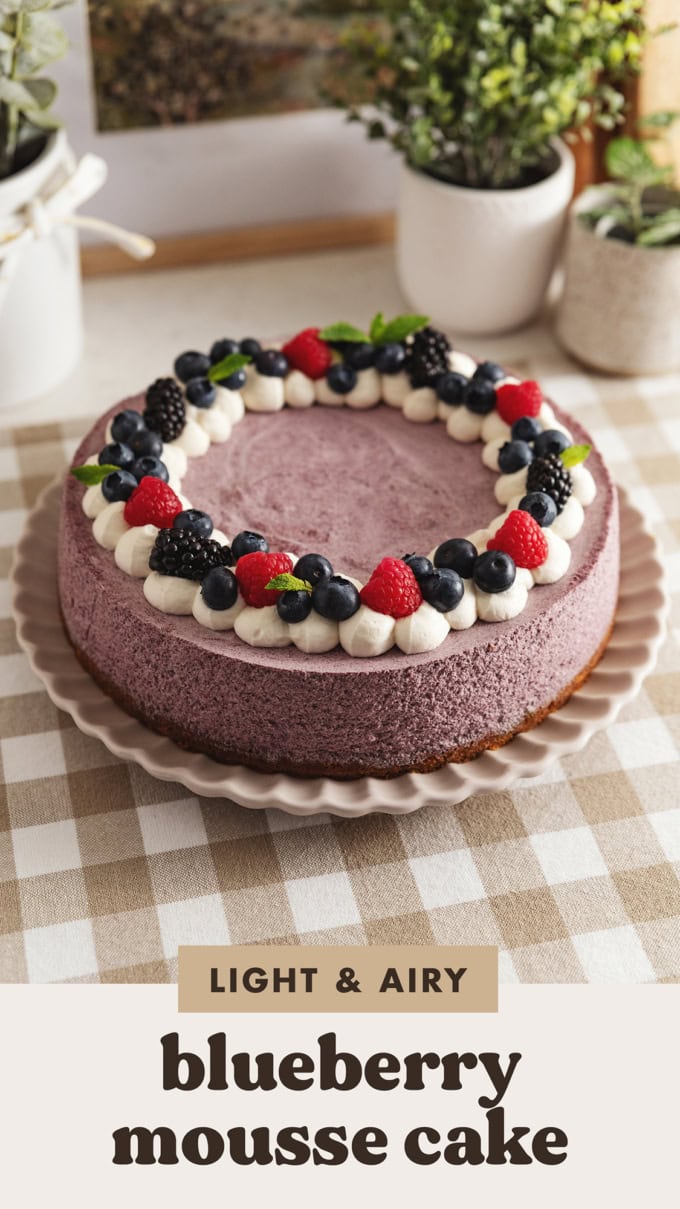 A blueberry mousse cake on a plate topped with a ring of whipped cream and fresh berries.