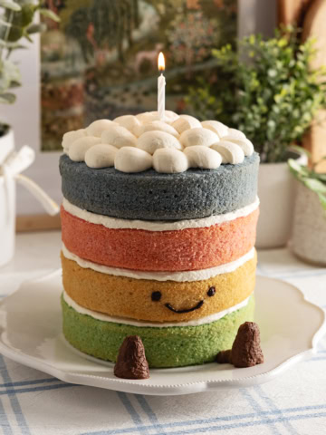 A 4-layer Jellycat rainbow cake with a smiley face, legs, and a lit candle on top on a kitchen counter.