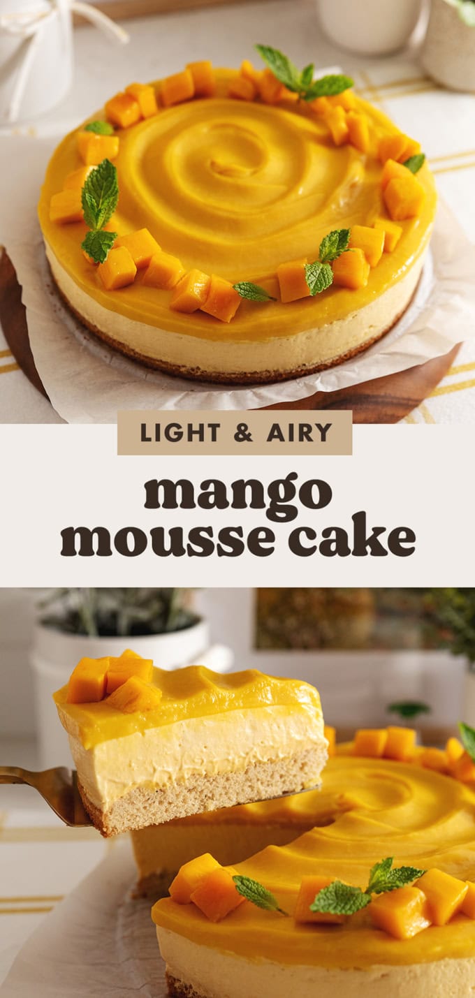 Two images of a mango mousse cake with a text overlay that says "light and airy mango mousse cake".