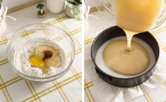 Left: ingredients in a mixing bowl. Right: pouring cake batter into a springform pan.