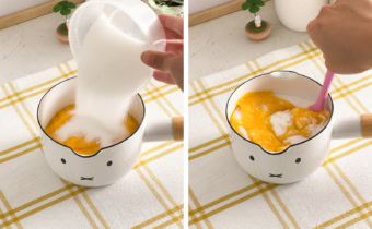 Left: pouring sugar into a saucepan of mango puree. Right: stirring mango puree and sugar together with a spatula.