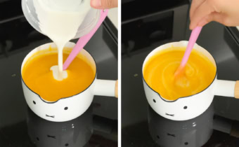 Left: pouring cornstarch slurry into a saucepan of mango puree. Right: stirring mango mixture in a saucepan with a spatula.