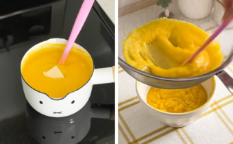Left: a saucepan of mango curd with a cube of butter in it. Right: straining mango curd through a fine mesh sieve into a bowl.