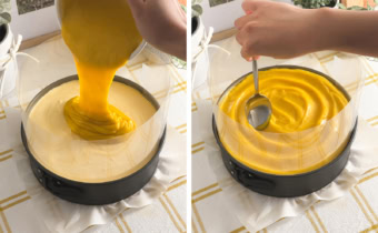 Left: pouring mango curd on top of a mango mousse cake. Right: hand dragging a spoon through mango curd to create a swirl design.