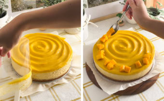Left: hand peeling acetate sheet away from the sides of a cake. Right: placing mango chunks on top of a cake with a spoon.