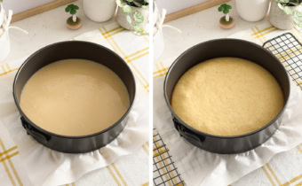Left: springform pan filled with cake batter. Right: baked cake in a pan.