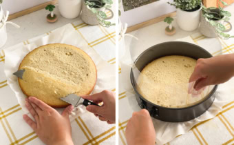 Left: levelling the dome of a cake layer with a knife. Right: hands placing an acetate sheet into a pan.