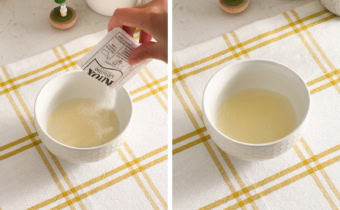 Left: hand sprinkling gelatine powder over a bowl of water. Right: gelatine in a bowl.
