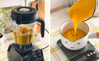 Left: mango puree in a blender. Right: pouring mango puree into a saucepan.