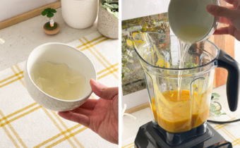Left: hand holding a bowl of bloomed gelatine. Right: hand pouring liquefied gelatine into a blender of mango puree.