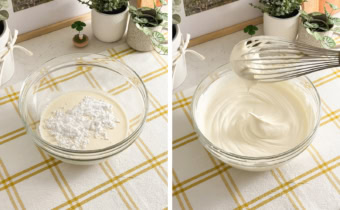 Left: whipping cream and powdered sugar n a mixing bowl. Right: whipped cream at firm peaks in a mixing with a whisk held above the bowl.