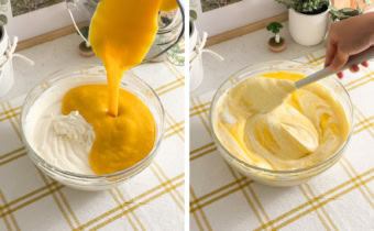 Left: pouring mango puree into a bowl of whipped cream. Right: folding whipped cream and mango puree together with a spatula.