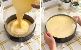Left: pouring mango mousse mixture into a pan on top of a cake layer. Right: hands holding a pan filled with mango mousse.