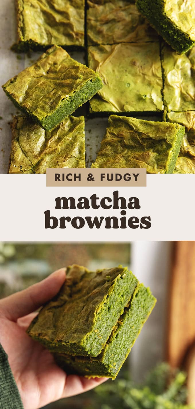 Two images of matcha brownies with a text overlay that says "rich and fudgy matcha brownies".