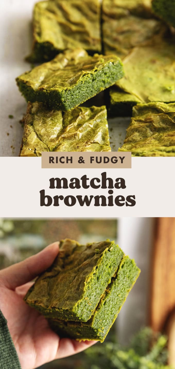 Two images of matcha brownies with a text overlay that says "rich and fudgy matcha brownies".