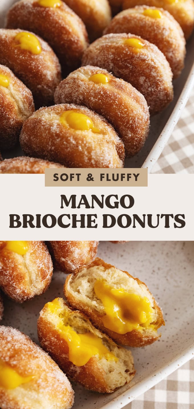 Two images of mango brioche donuts with a text overlay that says "soft and fluffy mango brioche donuts".