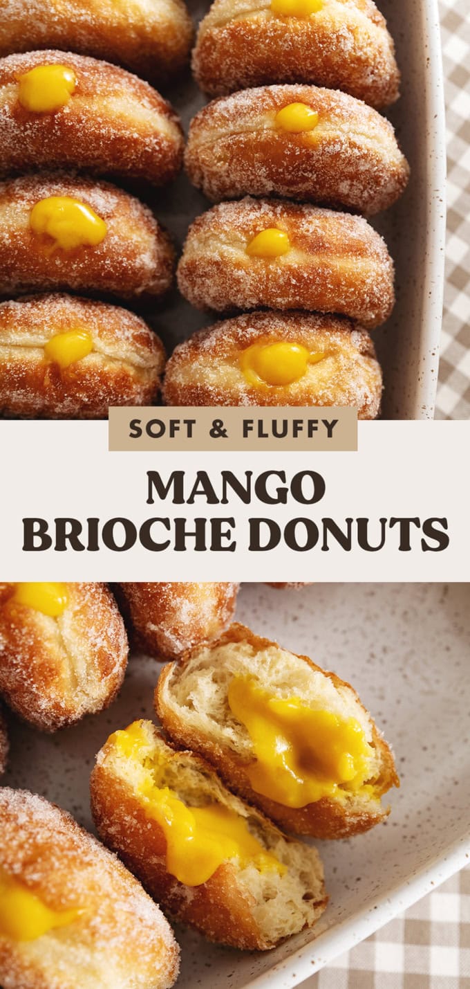 Two images of mango brioche donuts with a text overlay that says "soft and fluffy mango brioche donuts".