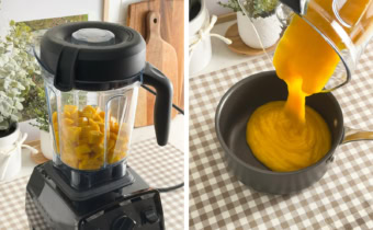 Left: mango chunks in a blender. Right: pouring mango puree into a saucepan.