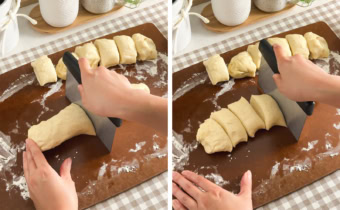 Left: cutting a log of dough in half with a bench scraper. Right: cutting dough into pieces with a bench scraper.