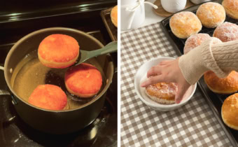Left: lifting a fried donut out of a pot of oil with a slotted spoon. Right: hand rolling a fried donut in sugar.