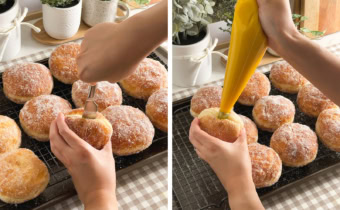 Left: hand inserting a knife into a donut. Right: piping mango curd into a donut.