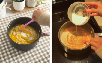 Left: stirring sugar into mango puree in a saucepan. Right: pouring a cornstarch slurry into a saucepan of mango puree while stirring with the other hand.