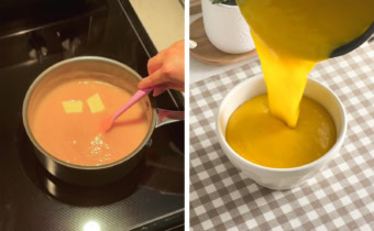 Left: stirring butter cubes into mango puree. Right: pouring mango curd into a bowl.
