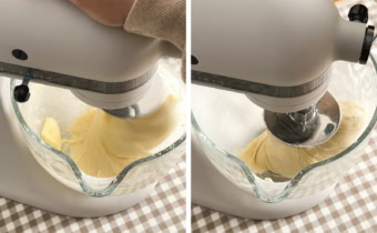 Left: mixing butter into dough in a stand mixer bowl. Right: kneading dough in a stand mixer.