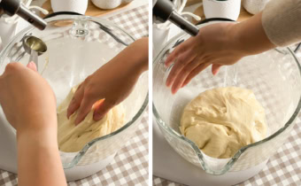 Left: pouring oil into a stand mixer bowl while a hand holds the dough to one side. Right: hand oiling a stand mixer bowl.