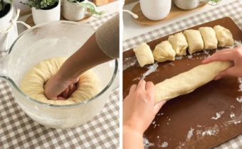 Left: hand punching down into a bowl of proofed dough. Right: hands stretching dough into a log.